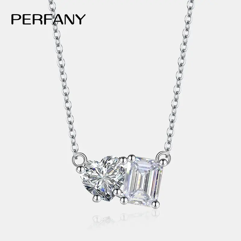PERFANY Radiant Emerald Cut 2CT Moissanite Necklace for Women S925 Pure Silver Heart Diamond Pendant Fashion Wedding Jewelry