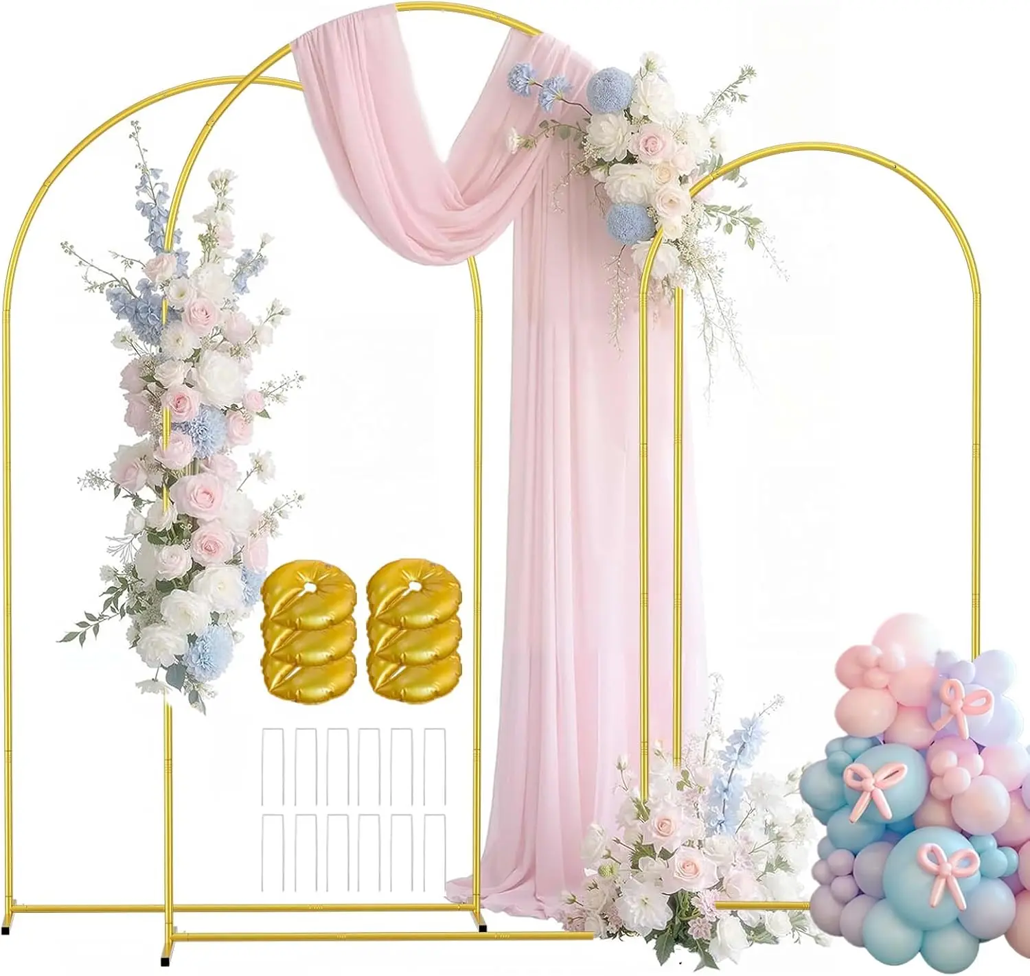 【Party Mode】EMART Heavy-Duty Set of 3 Gold Metal Arch Backdrop Stands (7.2/6.6/6FT) with 12 Ground Nails & 6 Water Bags | Professional Arched Background Frame for Wedding, Birthday, Baby Shower & Festival Decor