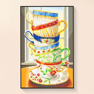 DIY Floral Teacups Diamond Art 40x55cm Stacked Vintage Tea Cups Design Elegant Home Decor Tea Party Craft Kit Charming Kitchen Wall Art Perfect Gift for Tea Enthusiasts Creative Diamond Painting Retro Dining Decor Skeleton Halloween Pumpkin Gnome vingli s