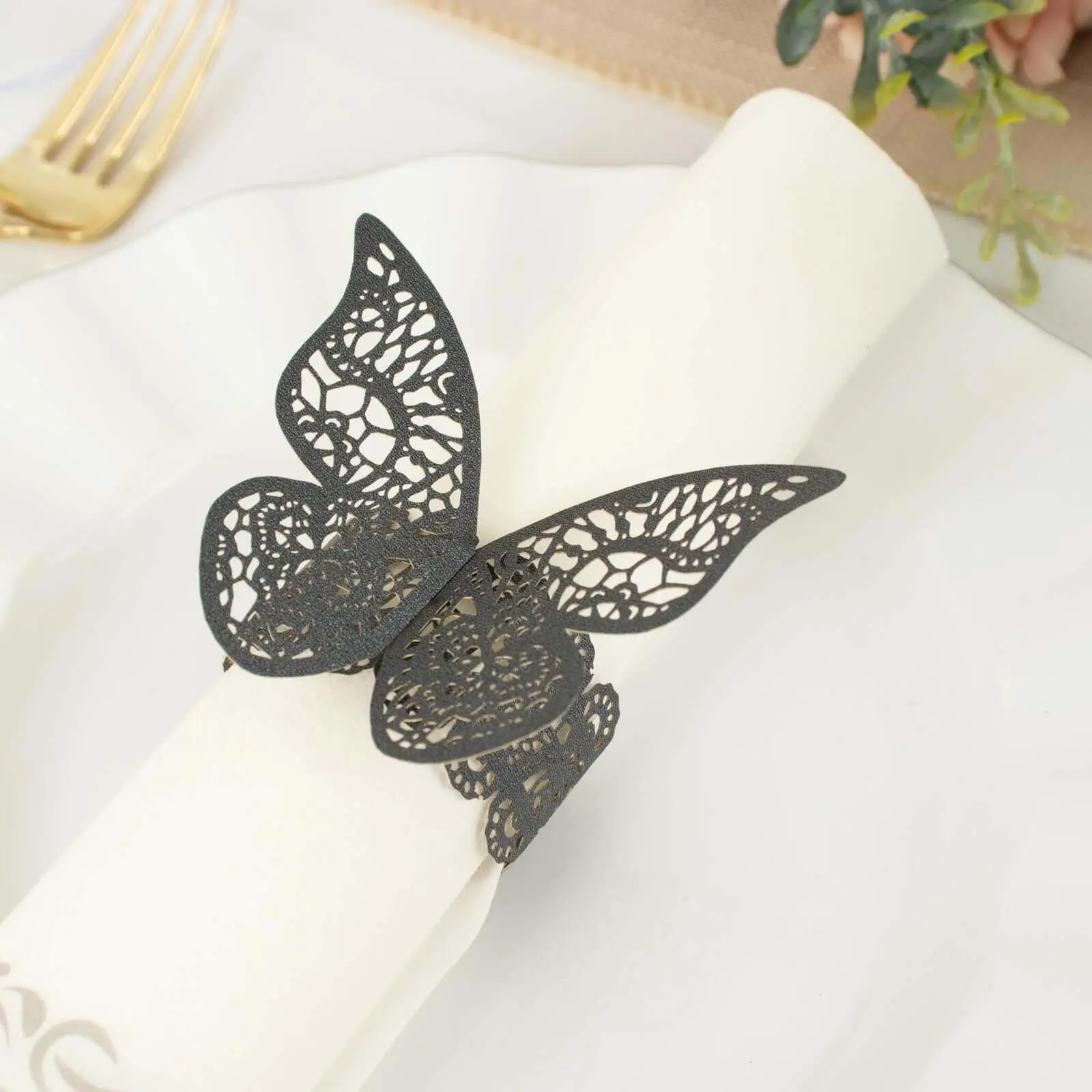 12-Pack Shimmering Black Laser-Cut Butterfly Paper Napkin Rings, Home Kitchen Dinnerware Table Decor Serviette Holders for Weddings, Parties, Cute