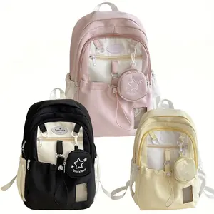 Kawaii Backpack Aesthetic Backpacks Back to School Supplies Double Shoulder Bag with Cute Star Removable Pouch Small Clear Front Pocket Large Capacity Fits 16" Laptop