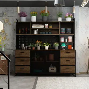 FUFU&GAGA 70.9"W Large Kitchen Hutch Pantry Cabinet, In Metal Frame,Cupboard With Metal Mesh Door, 6 Drawer & Microwave Shelf, For Kitchen Living Room