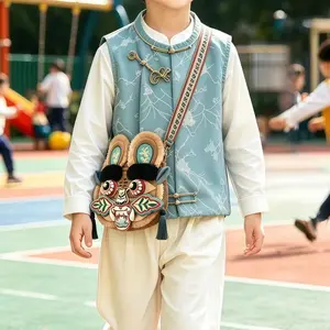 Chinese-style lion dance shoulder bag with tiger head doll, hand-embroidered crossbody bag