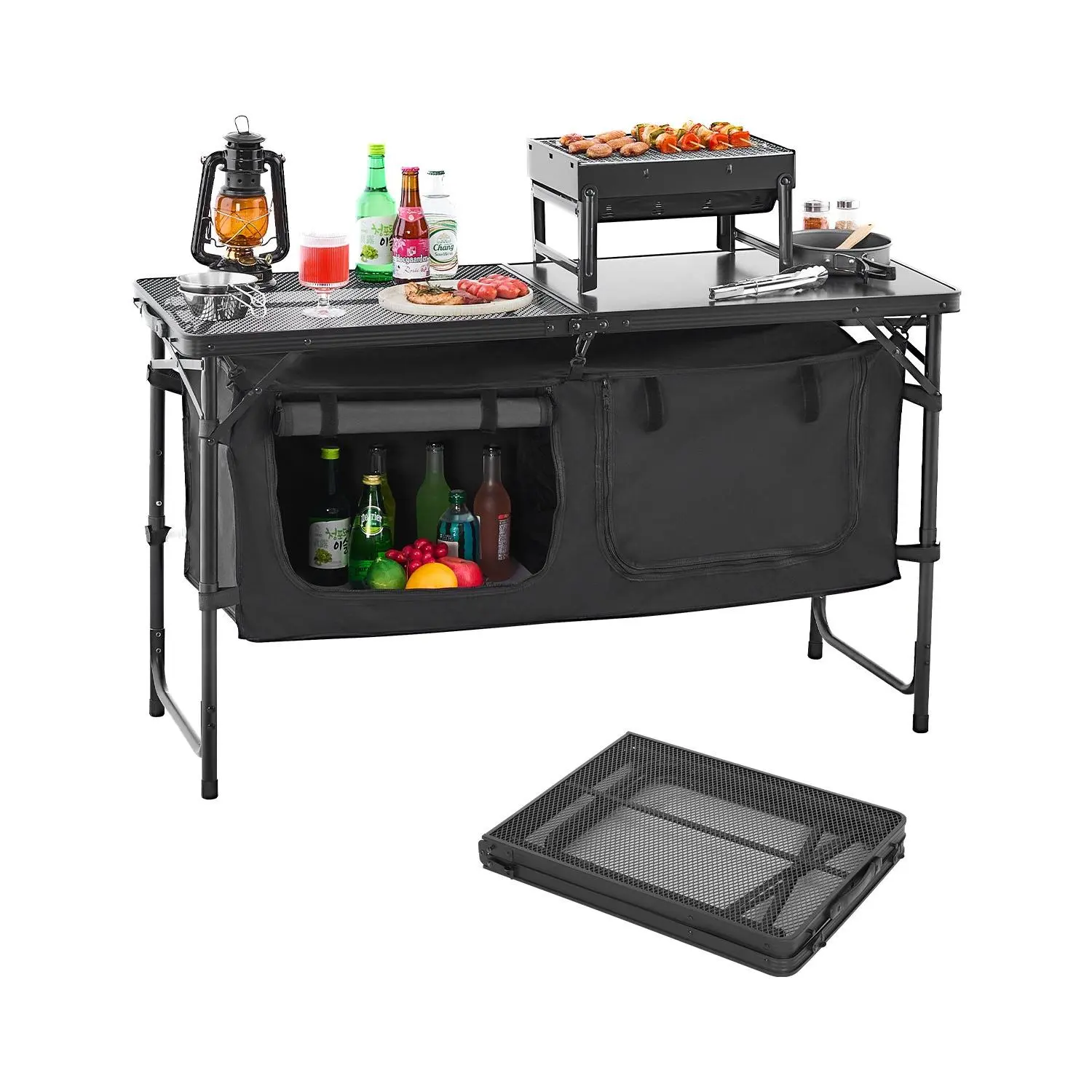 3 Adjustable Heights Folding Camping Kitchen Table, Lightweight Aluminum Portable Outdoor Cook Station, Steel Mesh Countertop with Zipper Storage Organizer, Carry Handle, Tool-Free Setup Cooking Table for BBQ, Picnic & RV Travel