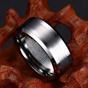 8MM  Engagement Wedding Band Beveled Edges Silver-coloredTungsten Carbide Ring for Men Women