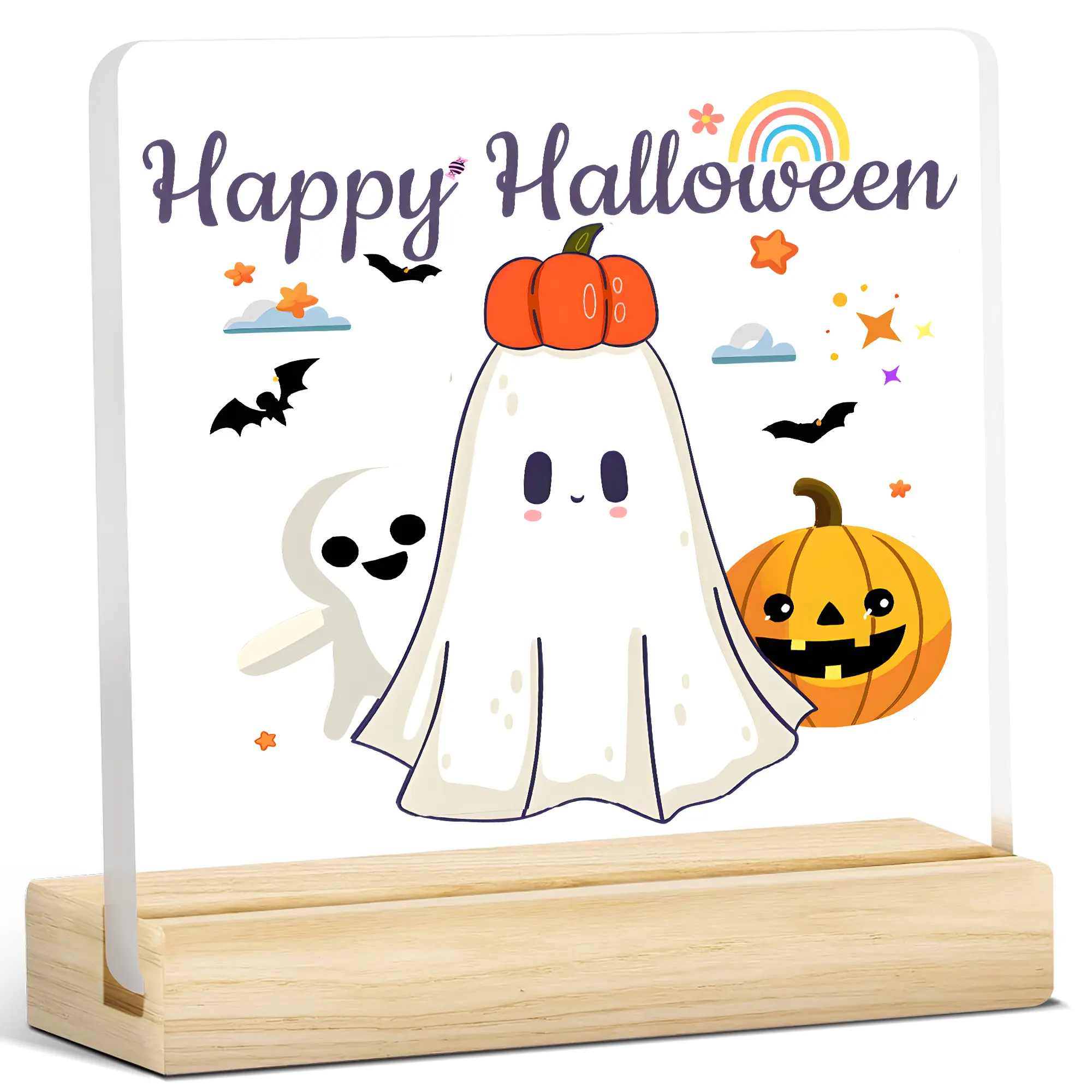 Halloween Acrylic Sign with Cute Ghost and Pumpkin, Happy Halloween Plaque for Teachers and Kids, Kawaii Desk Decor for Spooky Season