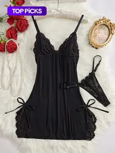 Women's Bow Decor Contrast Lace Cami Nightdress & Thong Set, Comfy Sexy Fitted Lingerie for All Seasons, Fashion Ladies Sleepwear & Homewear