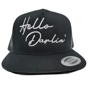 Hello Darlin Mesh Adjustable Snapback Direct Embroidered Flat Bill Trucker Hat Cap Black
