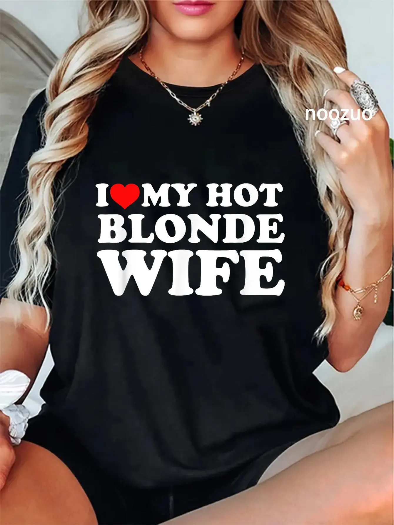100% Cotton Graphic T-Shirt, Unisex Funny 'I Love My Hot Blonde Wife' Slogan, Round Neck Short Sleeve Streetwear for Everyday Wear, Shortsleeve, Tshirt, Playful, Event, Casual Tee, Graphic Print, Special Occasion