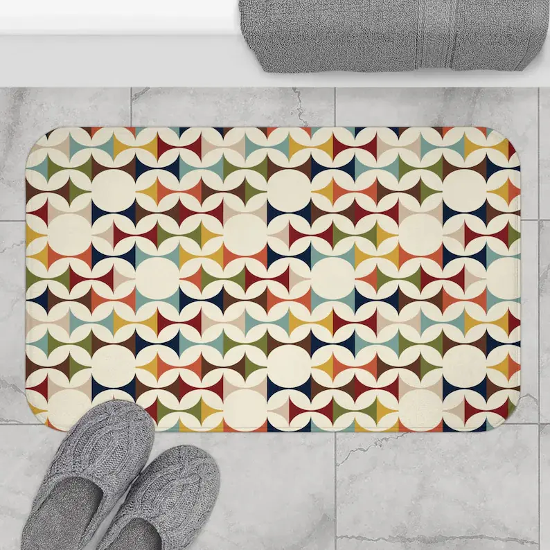 Mid Century Modern Flannel Bath Mat - Cozy, Decorative, Anti-Slip, Fast-Drying Rectangle Carpet in Cream, Teal, Mustard, Rust for Bathroom, Bedroom (Great 50s MCM Scandinavian Retro Gift), Quick-Drying Bath Mats, Skid Prevention Bath Mats