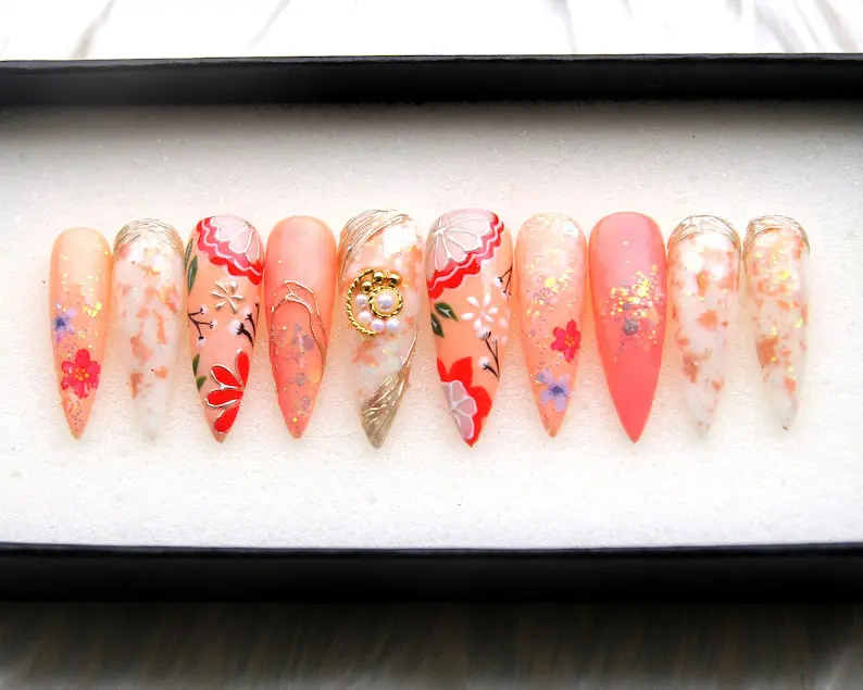 Holographic Garden Press On Nails | Y2K Orange Pastel Stiletto Nails | 3D Kawaii Nail Art | Handmade Reusable Fake Nails