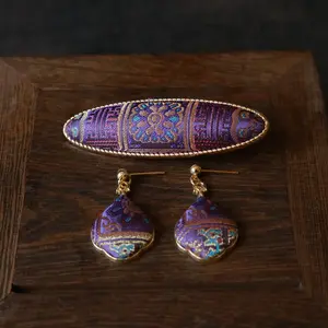 Embroidtale Hand Weaved Silk Hair Clip and Matching Earrings With Floral Design