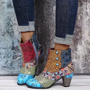 Stylish Floral Pattern Ankle Boots - Side Zipper, Chunky Heel, Round Toe, Versatile, Comfortable, Casual, Easy-On Design - Perfect Daily Wear, Outdoor Activities, and Occasions  Girl Women Footwear Shoe Walking Shoes Rubber Flower Decor I