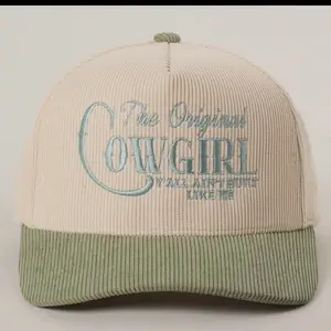 The Original Cowgirl Y'all Ain't Built Like Me Corduroy Trucker  Cap in Cream and Sage Green