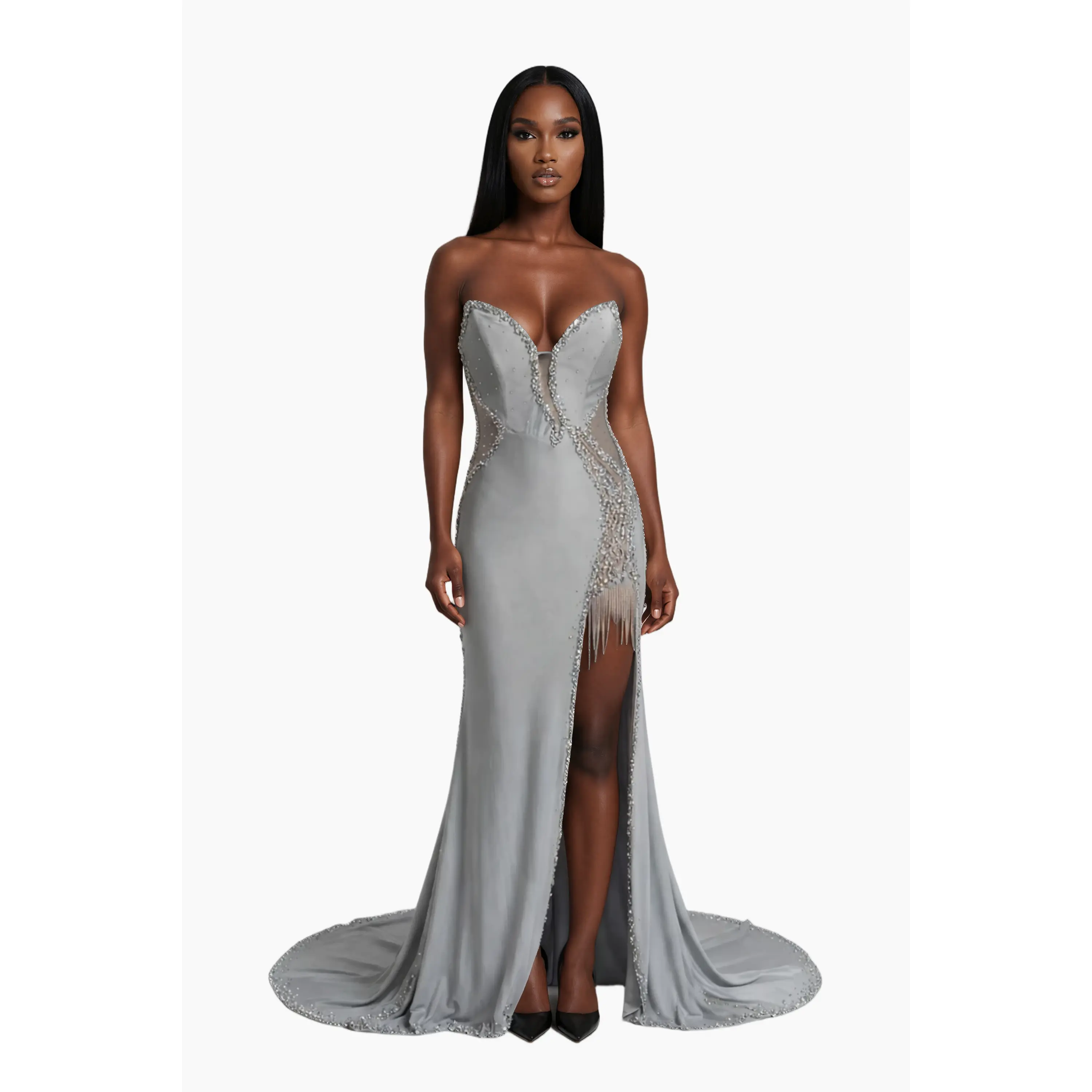 The Crystal Strapless Sweetheart Gown with Fitted Silhouette Sheer Illusion Side Panels Full Train Crystal Embellishments Fringe Detailing