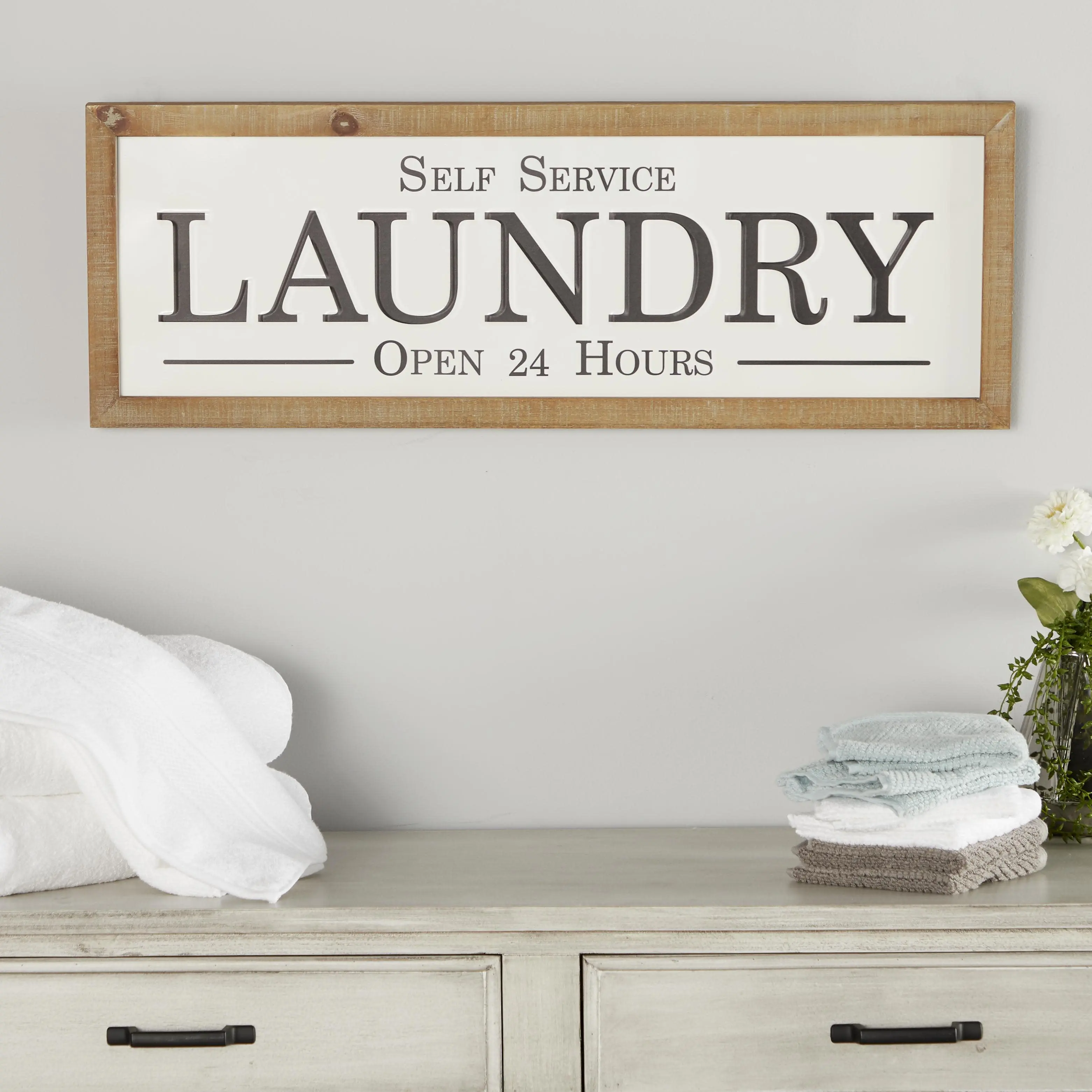 White Metal Sign Laundry Home Wall Decor with Wood Frame, 32" x 1" x 13"