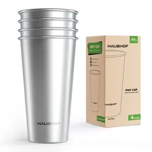 HAUSHOF Pint Cup, Stainless Steel Cups, Stackable Metal Drinking Cups, Stacking Beer Pint Cups for Home, Party, Camping, Outdoor, Unbreakable