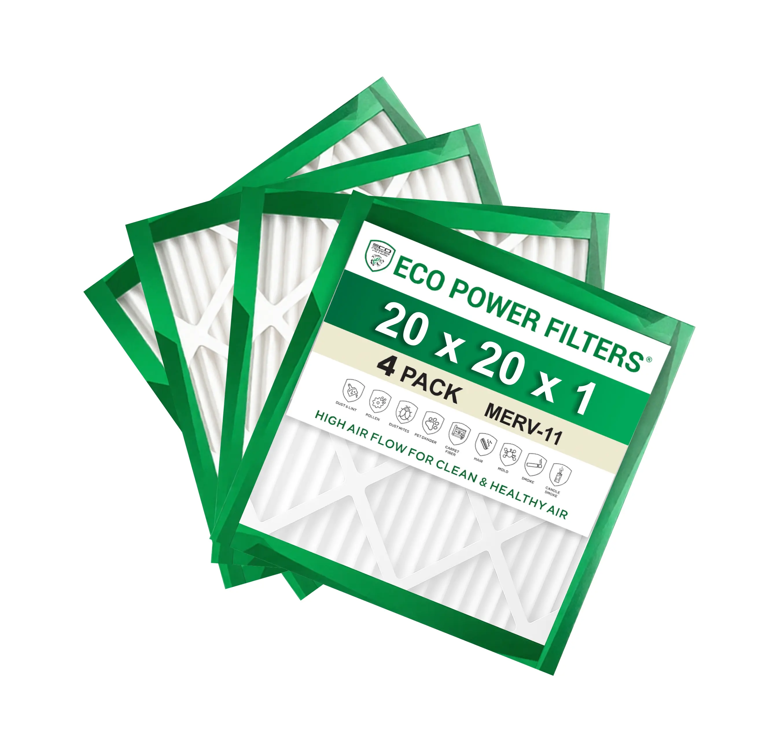 ECO POWER 20x20x1 MERV 11 Pleated HVAC Air Filter (PACK OF 4) – High Efficiency Furnace & AC Filter for Dust, Pollen & Pet Dander (Actual Size 19.75 x 19.75 x 0.75)