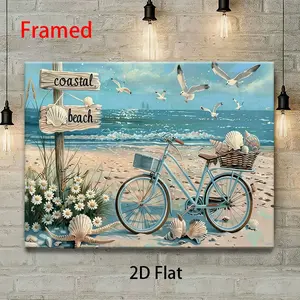 1-Piece 2D Flat Framed Canvas Poster, Coastal Beach Theme Decorative Painting - Sea View with Cyclist, Shell-Picking & Seagulls, Home Office Wall Decor, Festive Gift for Halloween or Christmas