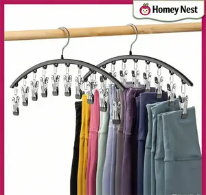 Curved Hanger with 10Clips,Stainless Steel Yoga Pants Hanger, Space Saving Closet Hanger, Coat Hanger Closet Organizers, Wardrobe Storage Rack, Dormitory Storage Rack for Clothes Socks Organizer Storage, Unique Furniture for Bedroom