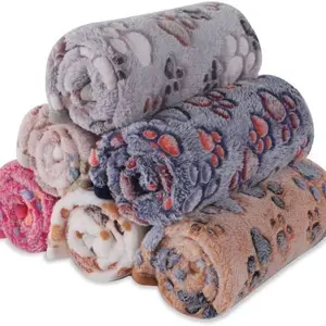 Soft Coral Fleece Flannel Pet Blanket Cute Paw Print for Dogs Cats