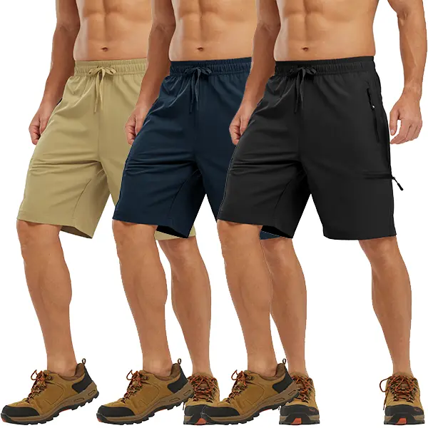 TBMPOY Men's 3-Pack Hiking Shorts - Quick Dry, Lightweight Dry Fit Casual Sports Shorts with 5 Zipper Pockets, Elastic Waist for Hiking/Light Outdoor, Athleisure, Running