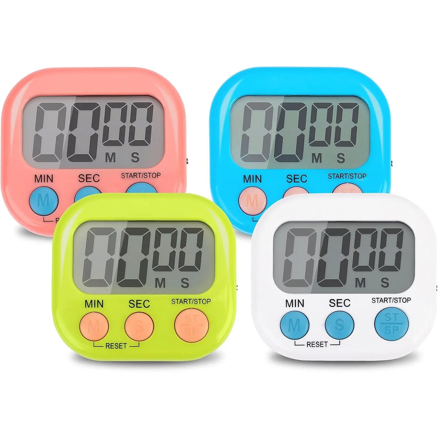 ABS 4-Piece Digital Timer Set (P-SO075) - Colorful, Large Screen LCD Display, Universal Magnetic Stand, Plastic Hanging Home Supply, Study & Kitchen Management Tool (No Battery Included)