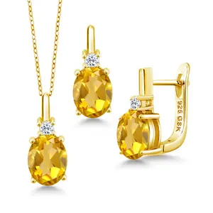 Gemstone Birthstone and White Topaz Pendant and Earrings Jewelry Set for Women in 18K Yellow Gold Plated Silver | Oval 8X6MM and Round 2.5MM | With 18 Inch Chain