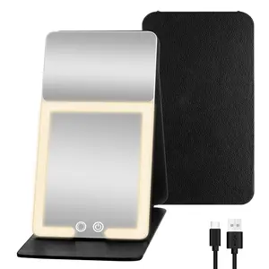 Double-Sided LED Makeup Mirror, Flat Mirror + 20x Magnifying Glass, Leather Case Foldable Design, Portable Compact Lighted Mirror, Perfect Gift