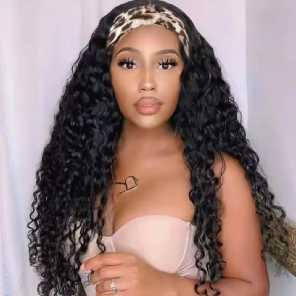 Bling Hair Glueless Deep Wave Headband Wig Human Hair Glueless Beginner Friendly No Lace No Glue Needed 180 Density Brazilian Virgin Hair Deep Curly Headband Wigs for Black Women summerwins backtoschool