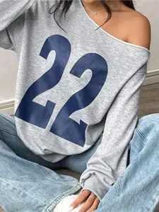 Women's Figure Print Asymmetrical Neck Pullover, Casual Pullover Tops Drop Shoulder Long Sleeve Sweatshirt for Spring & Fall, Ladies Clothes for Daily Wear, Streetwear Women, Womenswear