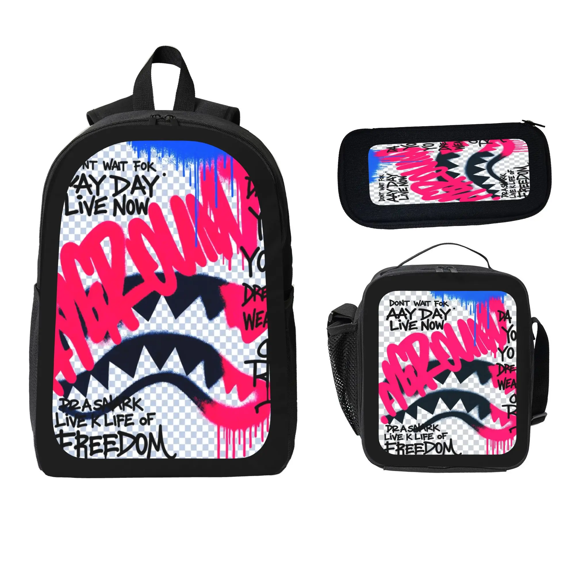 Graffiti Shark 3-Piece Backpack Set—includes a street-art style backpack, a lunch bag, and a pencil case. Made from Oxford fabric and featuring adjustable shoulder straps, this set is perfect for teens and children—a back-to-school essential.