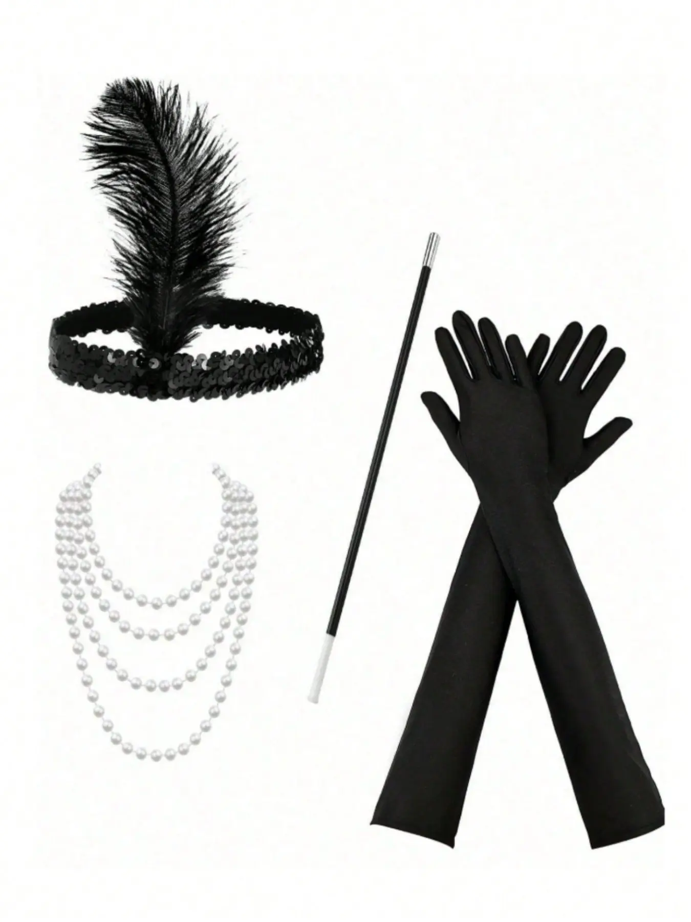 5pcs Elegant Retro Cosplay Party Set, Gloves + Cigar Holder + Pearl Necklace, 1920s Women's Costume, Halloween, Birthday Gift, Festival Wear