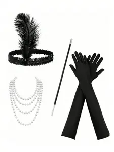 5pcs Elegant Retro Party Set, Gloves + Cigar Holder + Pearl Necklace, 1920s Women's Costume, Halloween, Birthday Gift, Festival Wear