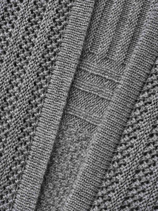 BLOOMCHIC Gray Plain Textured Kimono Collar Long Sleeve Fitted Cardigan for Women Winter Casual Everyday Style Minimalist OL Cut-Out Design Loose Fit Basic Knitwear Tunic Black Womenswear