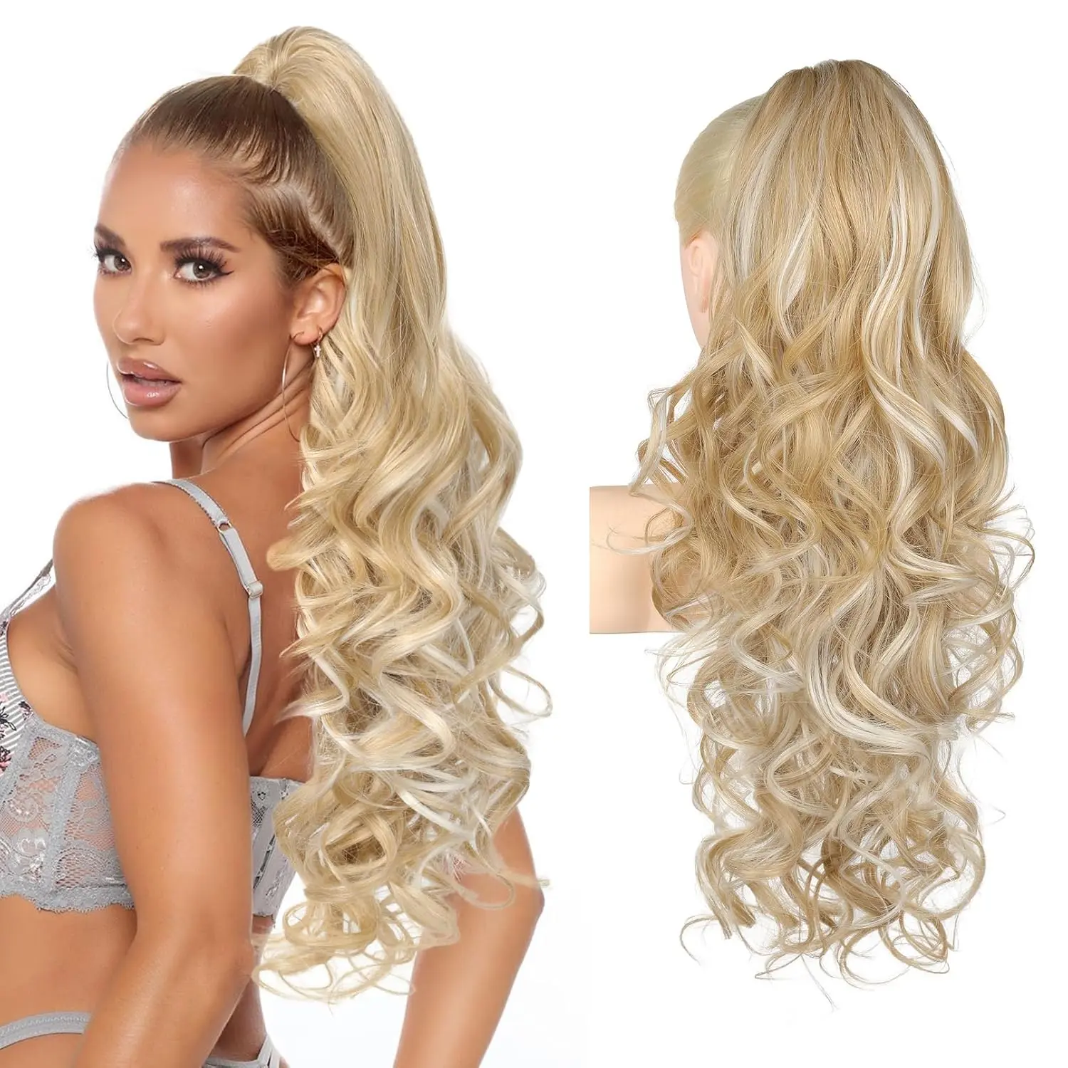 Ponytail Extension, 26 Inch Drawstring Ponytail Extension Long Curly Wavy Pony Tails Hair Extensions Synthetic Clip in Ponytail Hairpiece for Women, Medium Blonde with Highlights