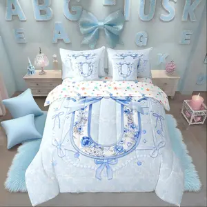 7Pcs Blue Bow Comforter Set for Teen Girls Floral Letter U Bedding Set,Unique Coquette Aesthetic Bowknot Bed in A Bag Groovy Spring Flower Quilt with Floral Bow Design(U)