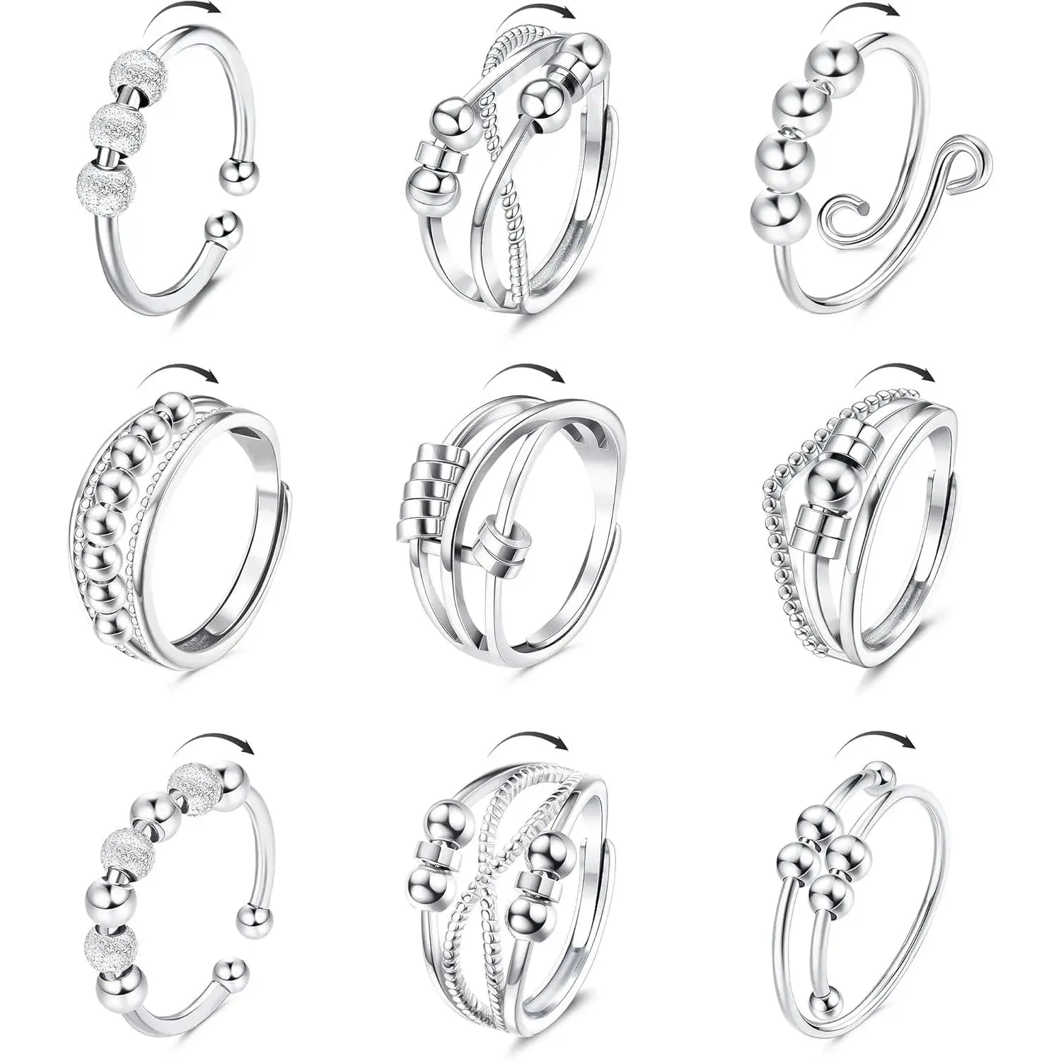 Unisex 9pcs FRC15 Adjustable Stacking Fidget Rings Set - Beaded Detail Stress Relief Tension Rings, Adjustable Spinner Band Fashion Accessory for Everyday Wear