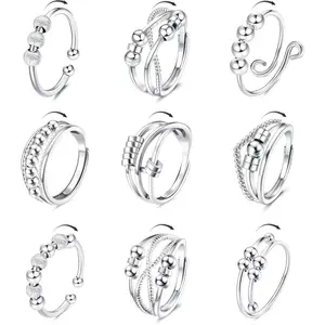 NBB35 9Pcs Anti Anxiety Rings For Women Men Fidget Band Rings Set For Anxiety Unisex Adjustable Stacking Spinner Worry Stress Relief Ring With Beads