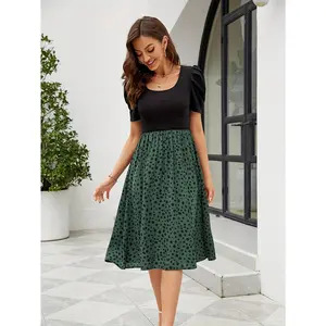 Summer Radiance, Elegant Women's Floral Print Dress - Casual Puff Sleeve, Crew Neck, A-Line Midi with Ruffle Hem - Machine Washable Polyester - Perfect for Spring/Summer