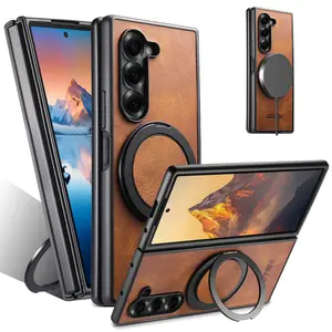 SUTENI Magnet Wireless Charging Phone Case Oil Wax Faux Leather 360° Rotating Stand Buckle For Samsung Galaxy Z Fold 7 6 5 For Men Relatives Friends and Elders Holiday Gift