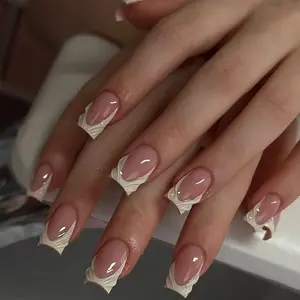 24 pieces short square wear nail gift box Handcrafted 3D three-dimensional stripes glue cute coconut custard Autumn and winter look white Simple classic milk white French edge fake nails with jelly glue, Press on nail