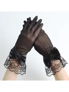 New lace gloves for women, bridal wedding dress, driving, sun protection, mesh fashion, versatile bow pearl gloves