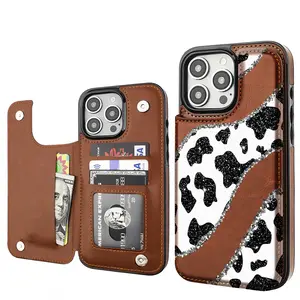 Cow leopard print Pattern Phone Cases,Compatible For SAMSUNG GALAXY S22 S23 S24 ULTRA PLUS Premium Leather Flip Wallet with Card Bag Holder Women Gift ,Black Brown Pink,  Shockproof Anti-Drop Full Protection Cover Shell Casing