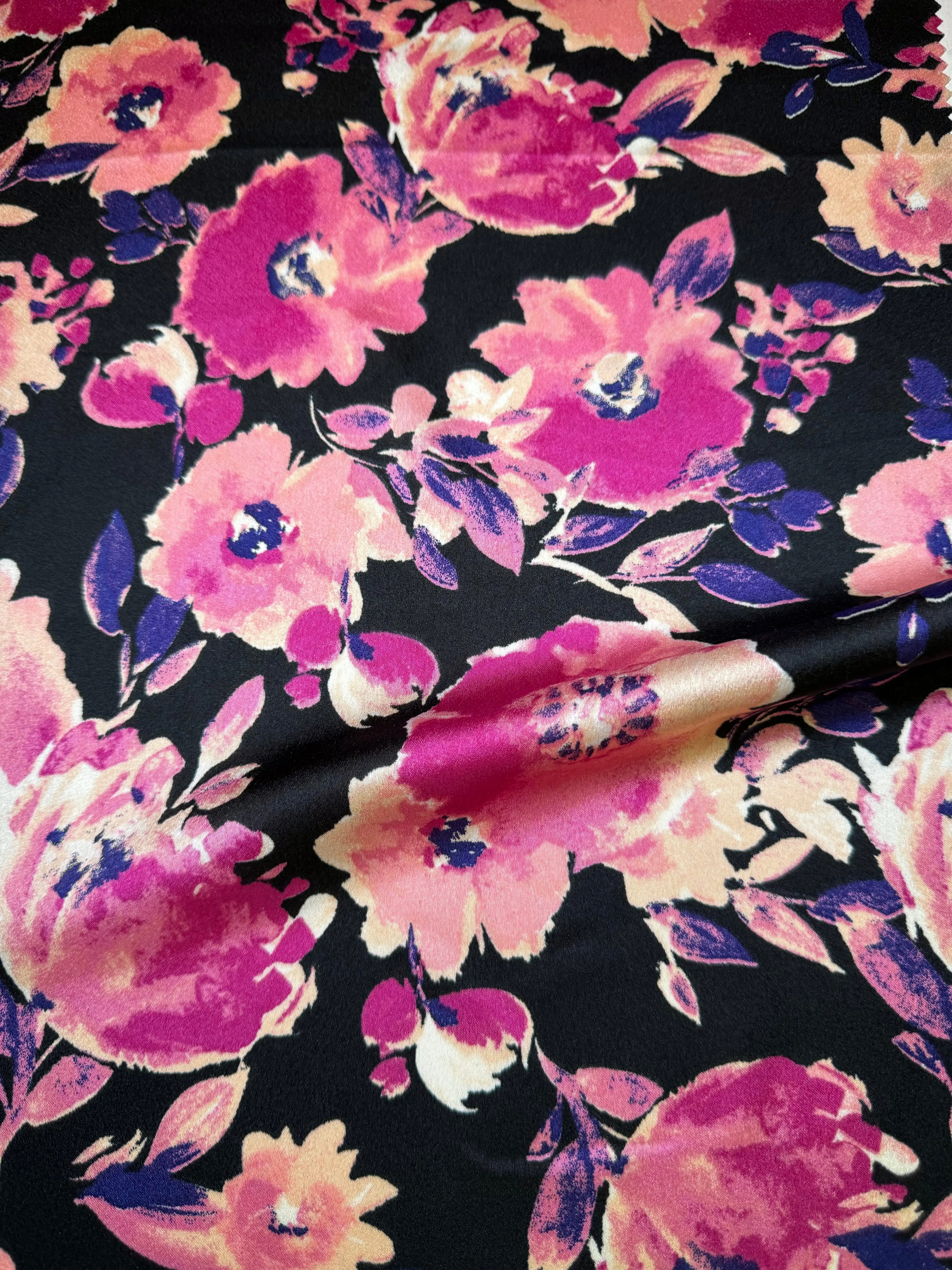 Fuchsia Black Floral Print Satin