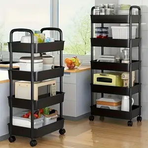Multifunctional heavy-duty durable plastic rolling storage cabinet with movable wheels; black-and-white frame - space-saving storage cart, easy to assemble, durable material, suitable for kitchens, cosmetic areas and bathrooms, Bathroom Storage Rack