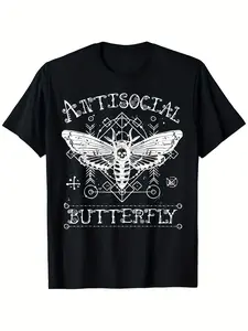 Men's 180g Heavyweight 100% Cotton T-Shirt - Gothic Moth & Antisocial Butterfly Print, Introvert Death Head Moth Design, Casual Streetwear Crew Neck Short Sleeve Tee for Introverts, Boho Dark Aesthetic Gift
