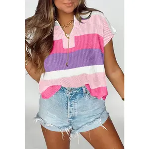 Pink Color Block Notch V Neck Sweater T Shirt