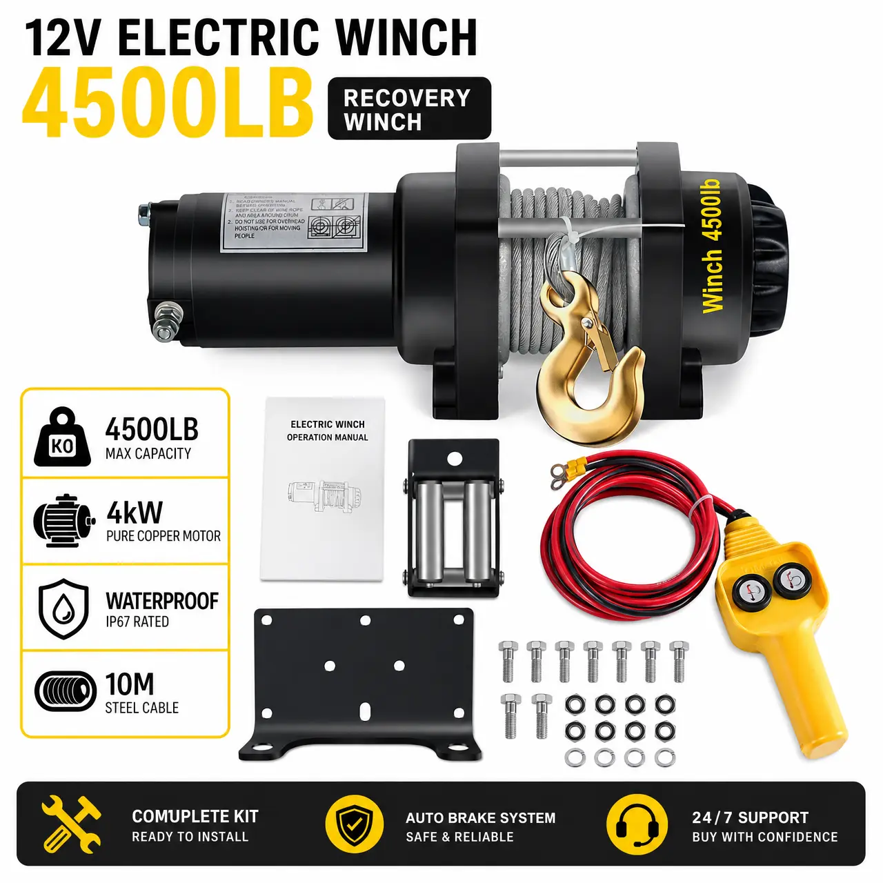 12V 4500lb Heavy Duty Electric Winch with 32.81ft Steel Cable, 4kW Copper Motor, and Auto Brake for Towing