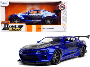 2016 Chevrolet Camaro Widebody Candy Blue W/ Gray Metallic Hood & American Flag Graphics Bigtime Muscle 1/24 Diecast by Jada